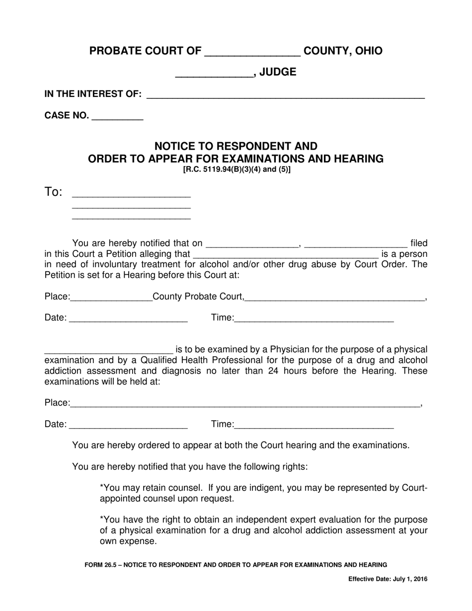 Form 26.5 Notice to Respondent and Order to Appear for Examinations and Hearing - Ohio, Page 1