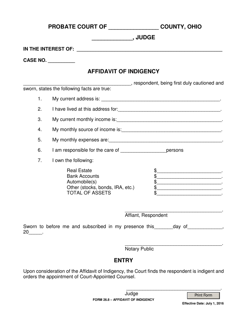 Form 26.8 Affidavit of Indigency - Ohio, Page 1