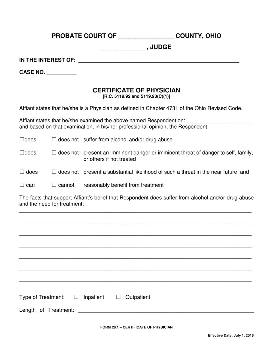 Form 26.1 Certificate of Physician - Ohio, Page 1