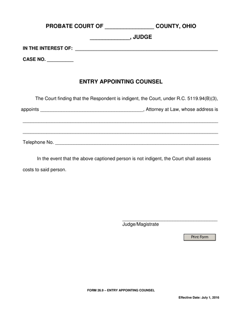 Form 26.9 Entry Appointing Counsel - Ohio