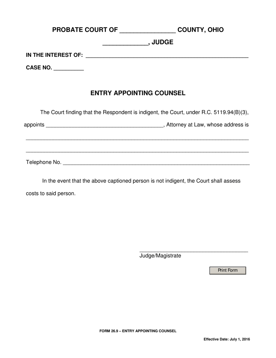 Form 26.9 Entry Appointing Counsel - Ohio, Page 1