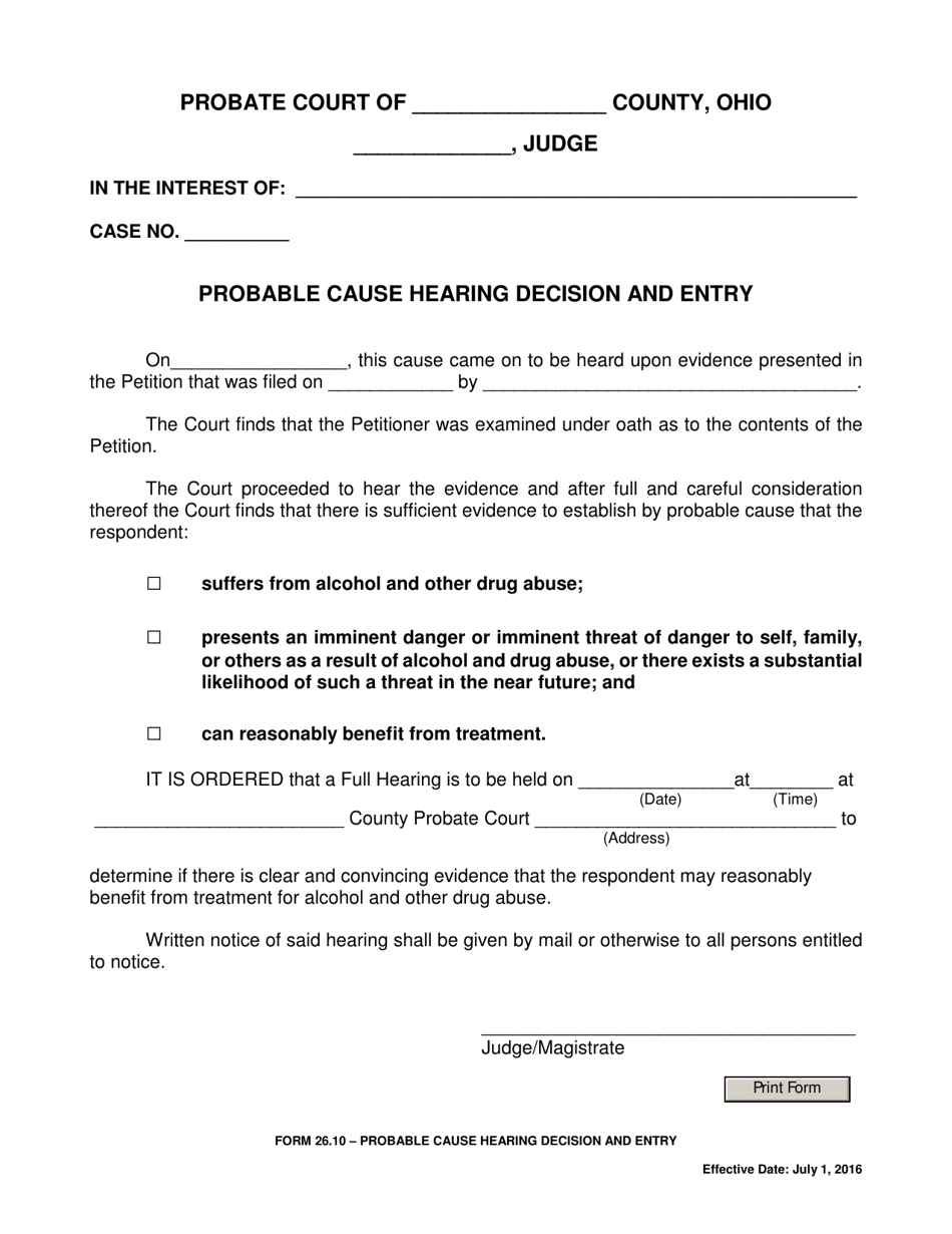 Form 26.10 Probable Cause Hearing Decision and Entry - Ohio, Page 1