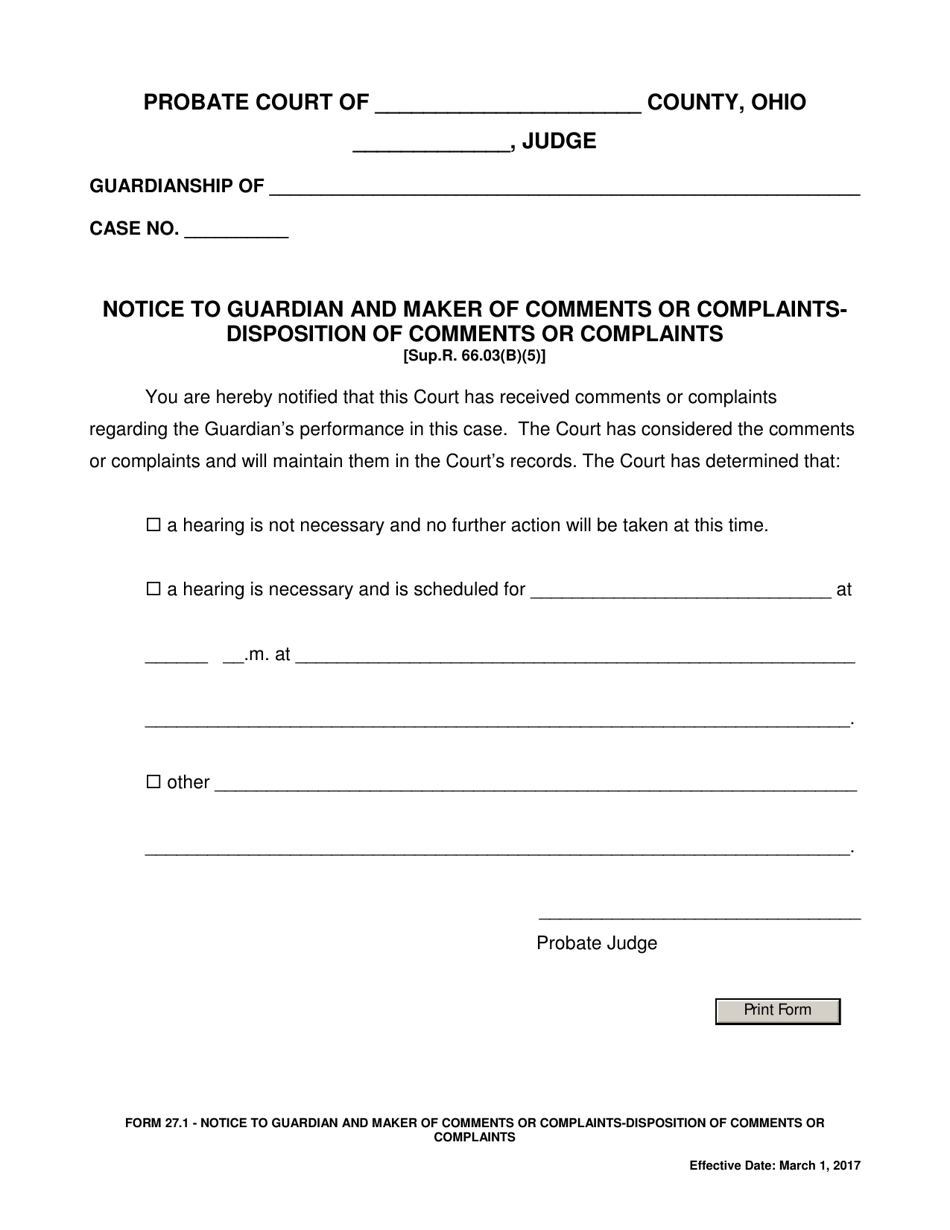 Form 27.1 Notice to Guardian and Maker of Comments or Complaints -disposition of Comments or Complaints - Ohio, Page 1