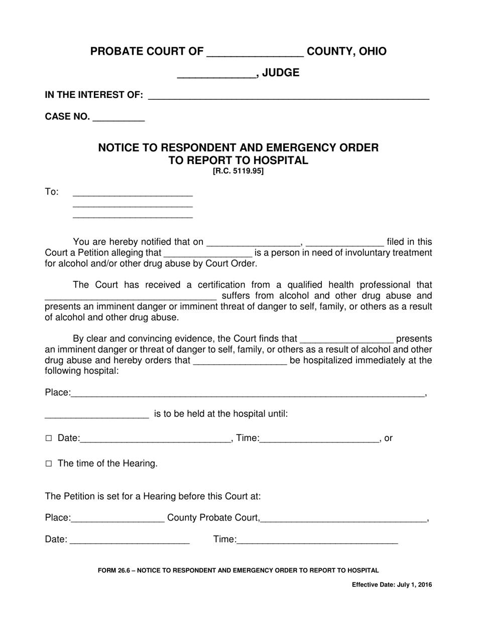 Form 26.6 Notice to Respondent and Emergency Order to Report to Hospital - Ohio, Page 1