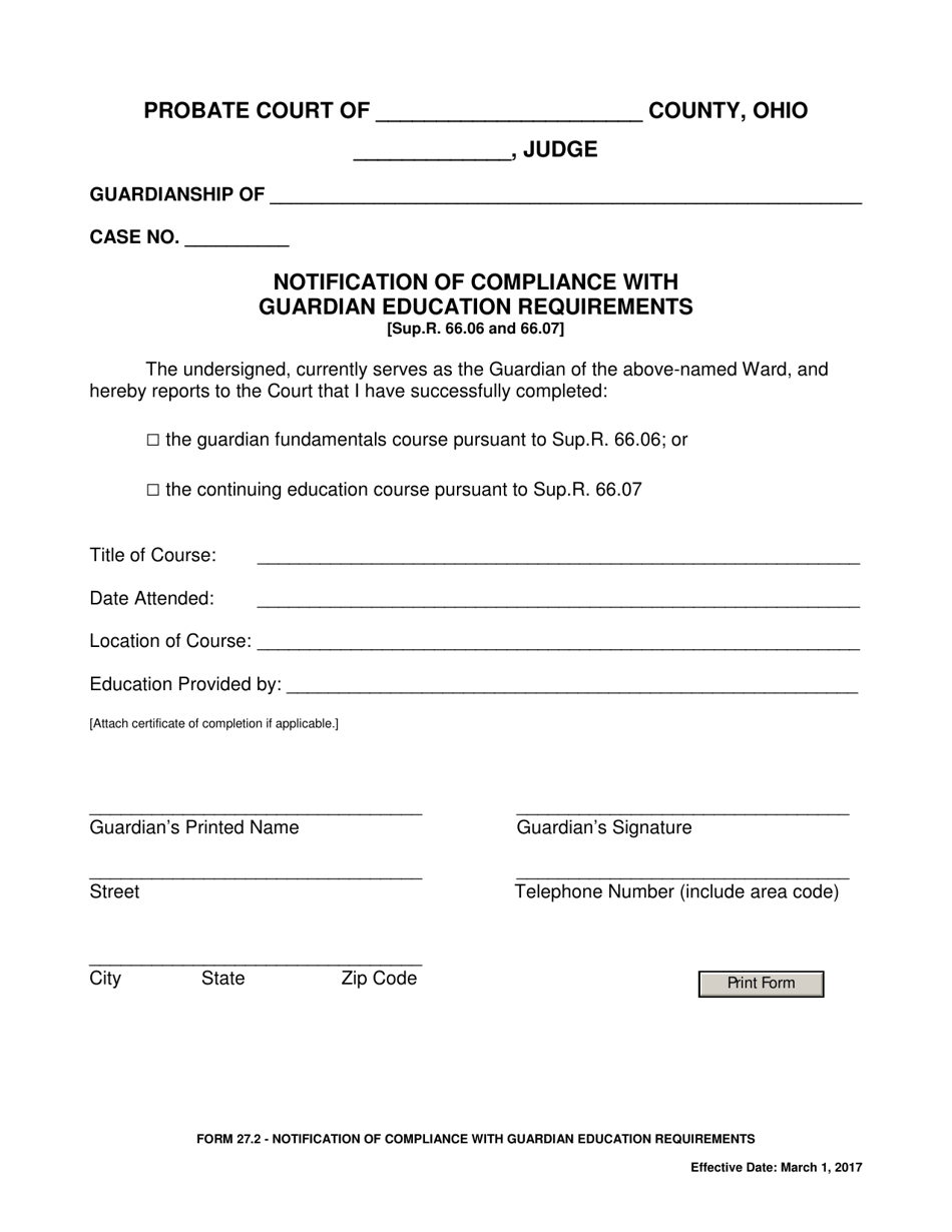 Form 27.2 Notification of Compliance With Guardian Education Requirements - Ohio, Page 1