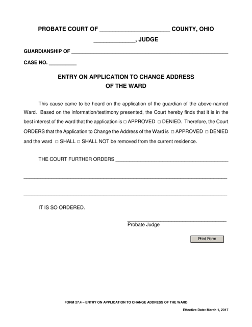 Form 27.4 Entry on Application to Change Address of the Ward - Ohio