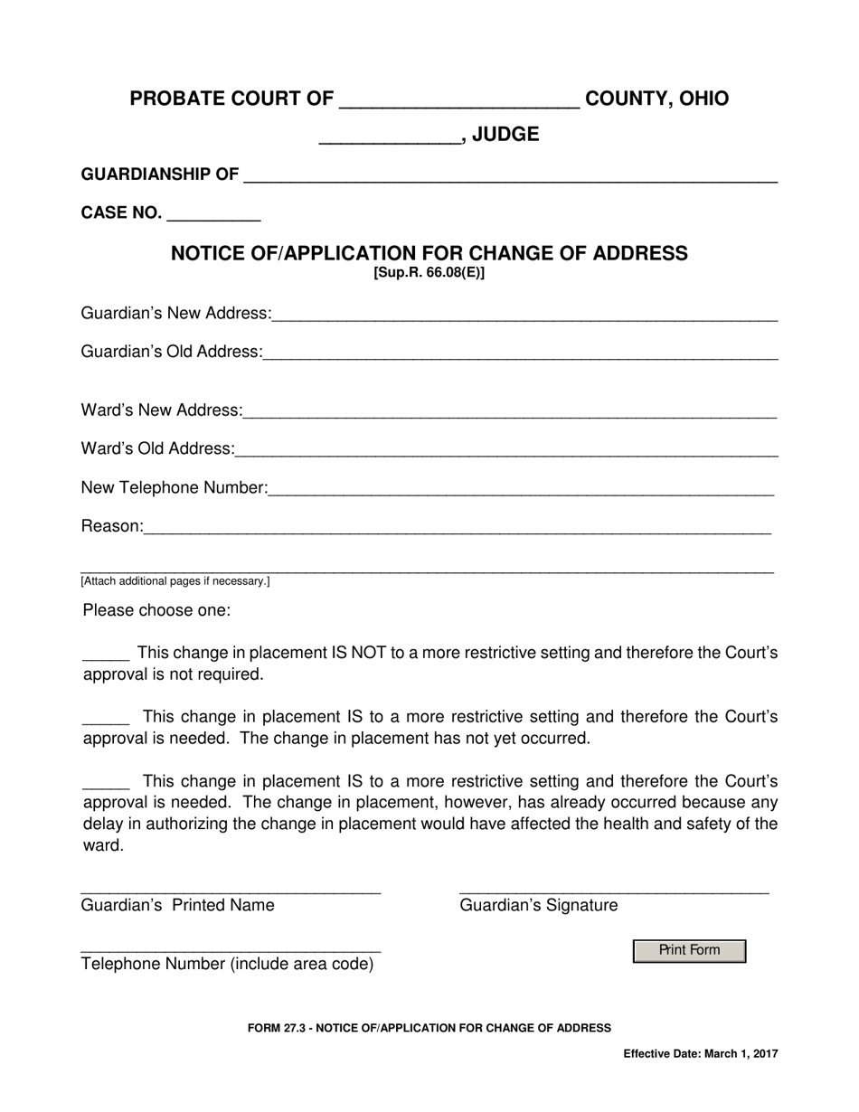 Form 27.3 Notice of / Application for Change of Address - Ohio, Page 1