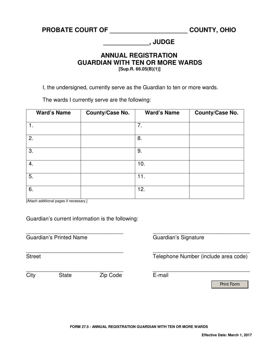 Form 27.5 Annual Registration Guardian With Ten or More Wards - Ohio, Page 1