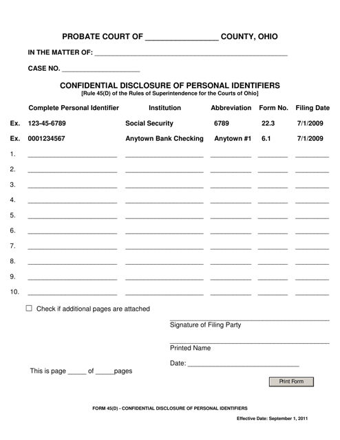 Form 45(D) Confidential Disclosure of Personal Identifiers - Ohio