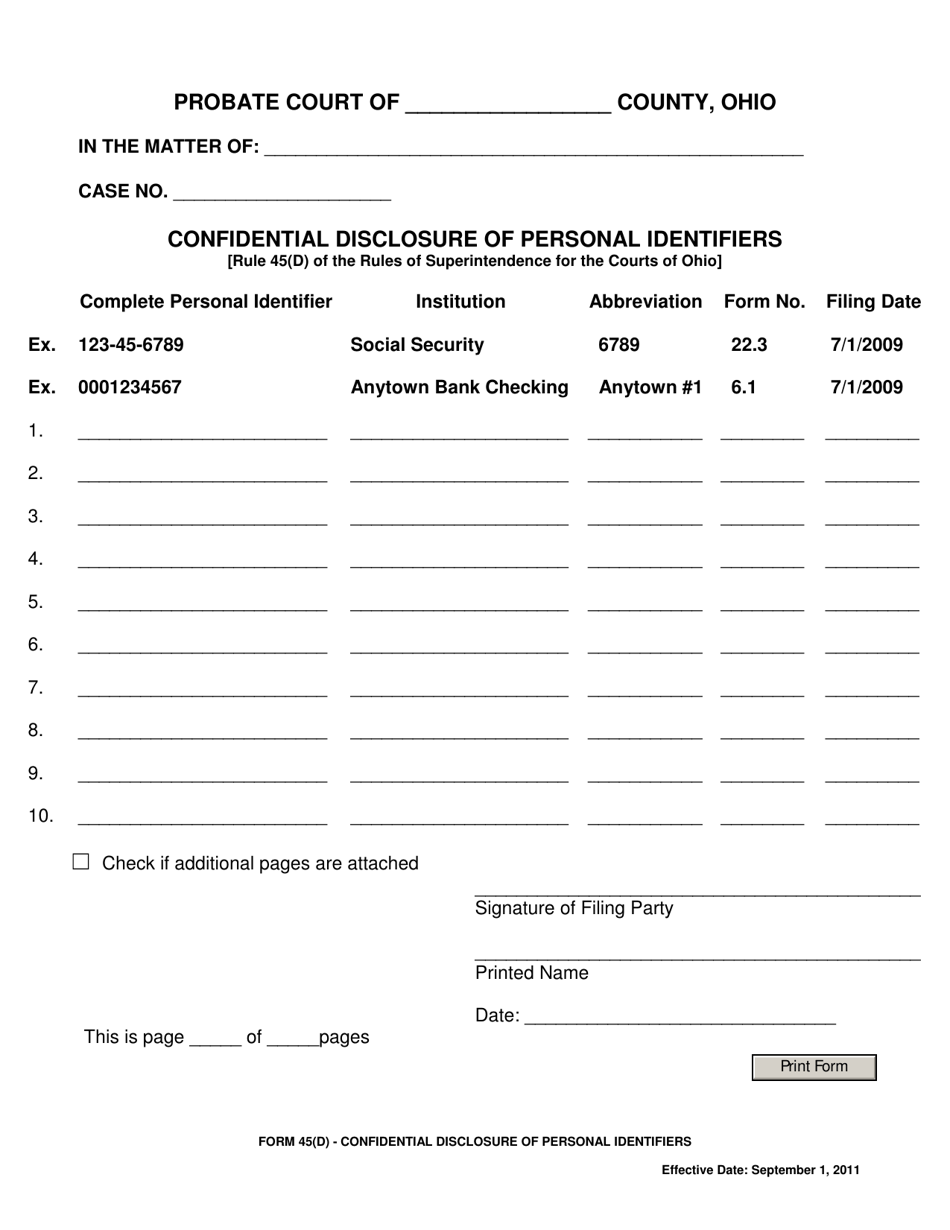Form 45(D) Confidential Disclosure of Personal Identifiers - Ohio, Page 1
