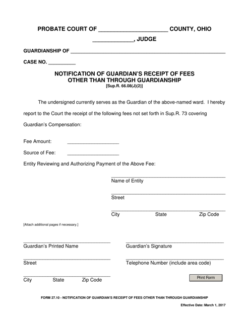 Form 27.10 Notification of Guardian's Receipt of Fees Other Than Through Guardianship - Ohio