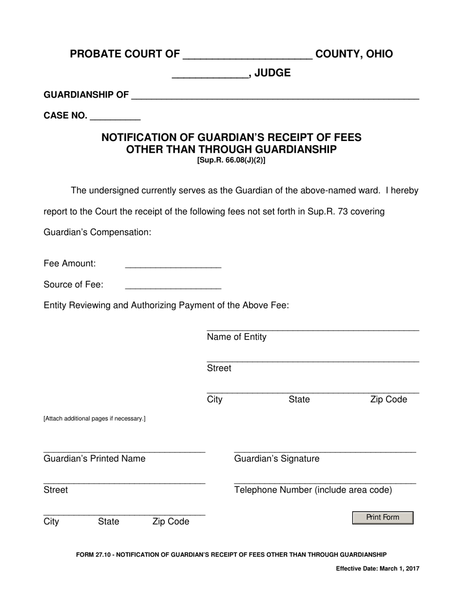Form 27.10 Notification of Guardians Receipt of Fees Other Than Through Guardianship - Ohio, Page 1