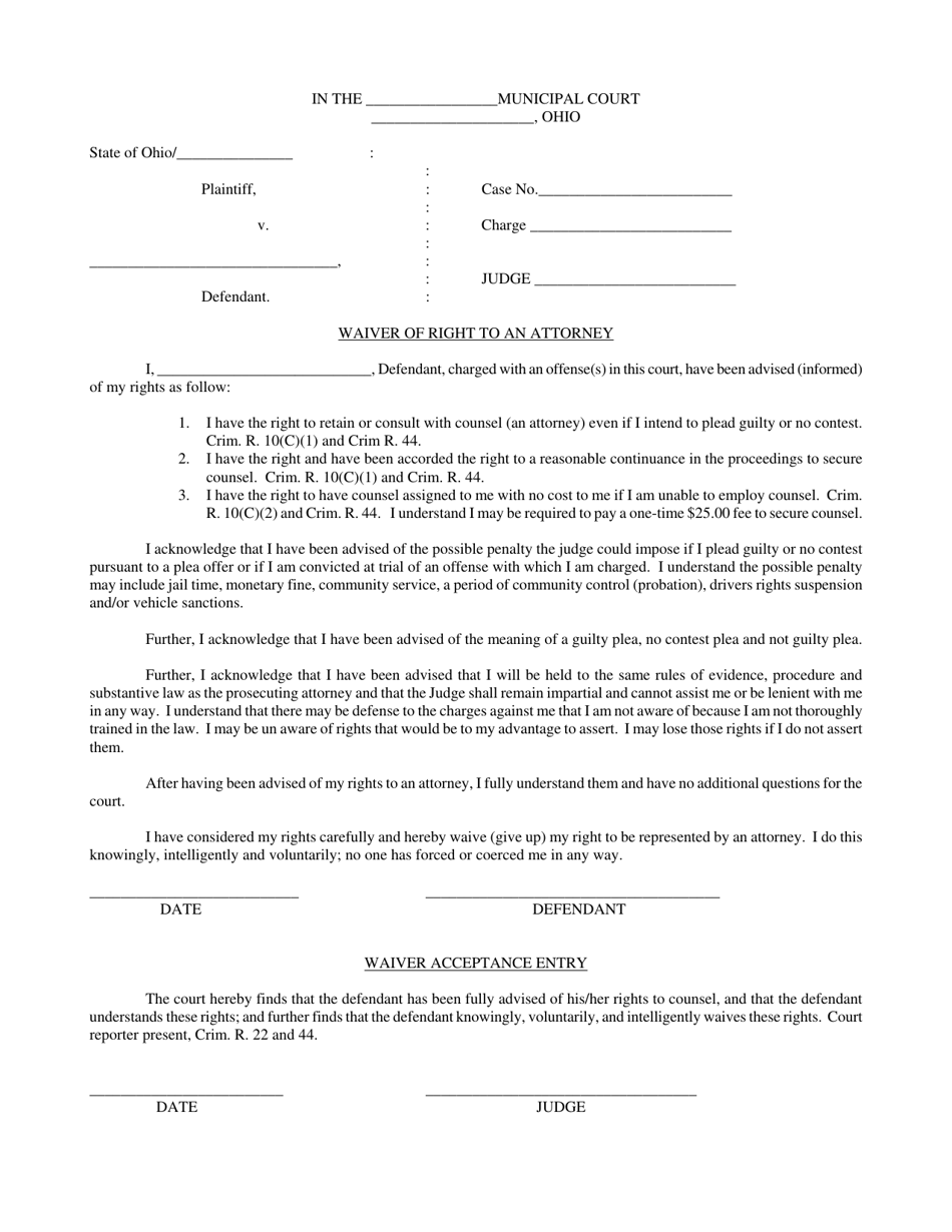Waiver of Right to an Attorney - Ohio, Page 1