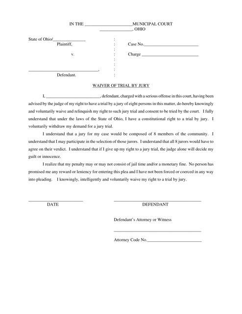 Waiver of Trial by Jury - Ohio Download Pdf