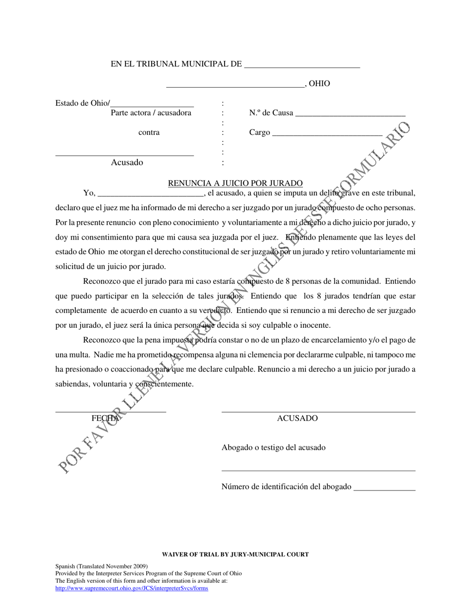 Waiver of Trial by Jury-Municipal Court - Ohio (Spanish), Page 1