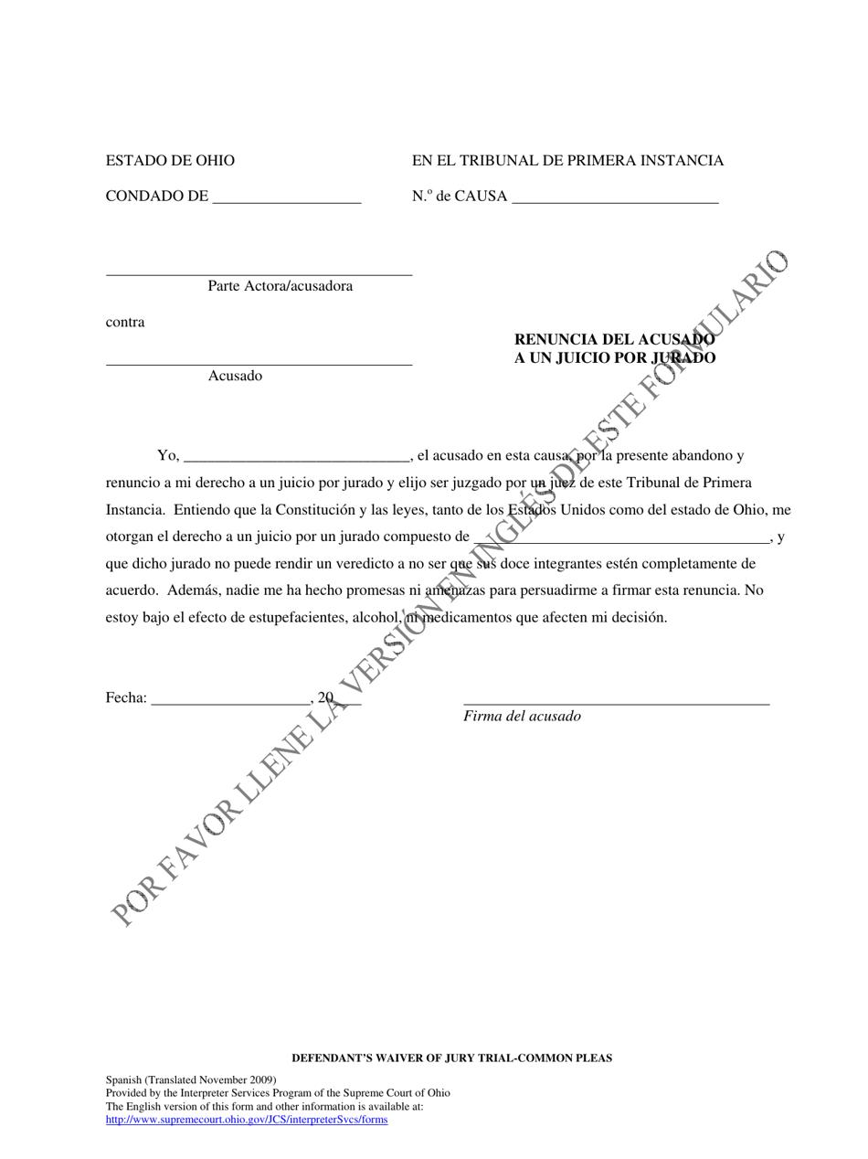Defendants Waiver of Jury Trial (Common Pleas) - Ohio (Spanish), Page 1