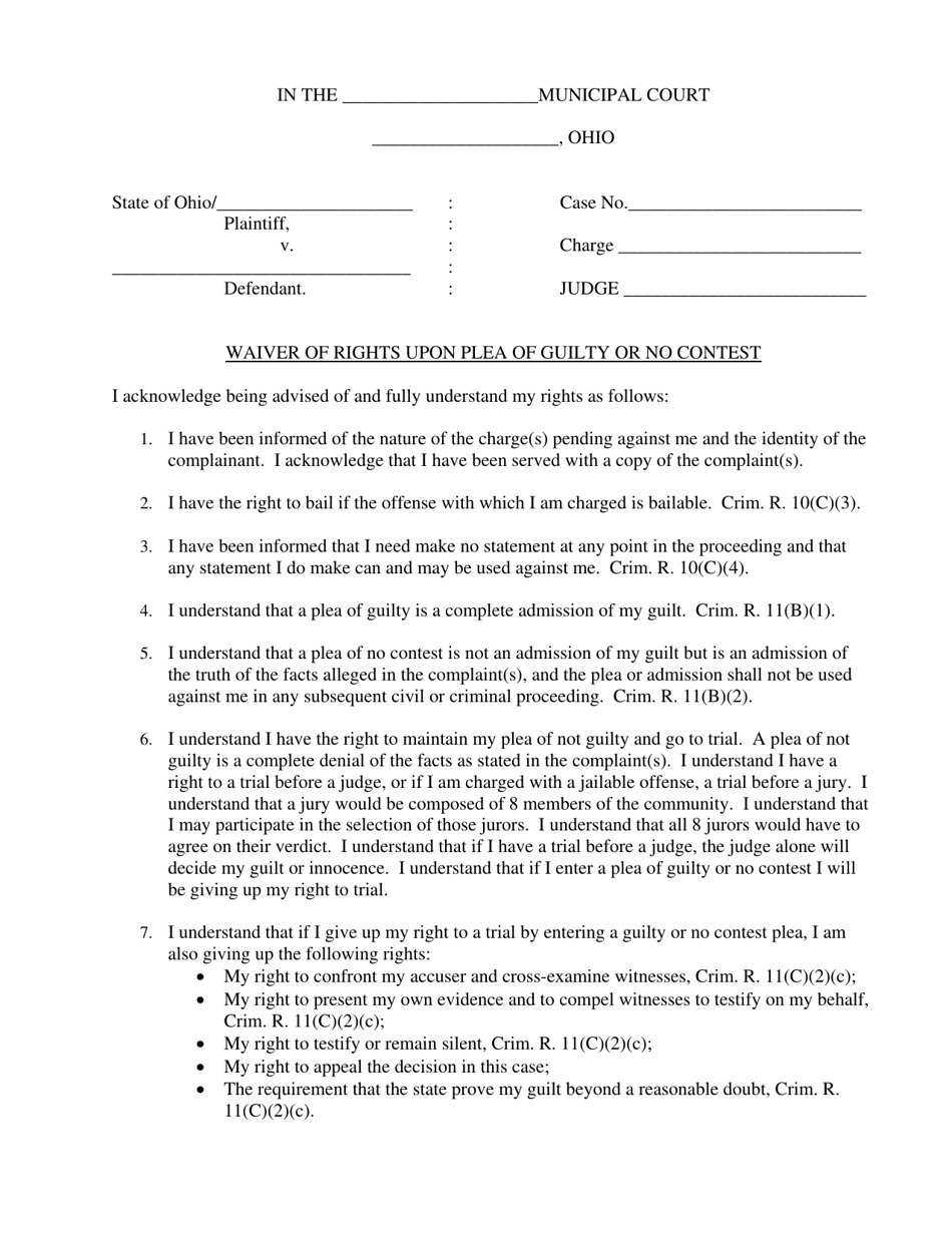 Waiver of Rights Upon Plea of Guilty or No Contest - Ohio, Page 1