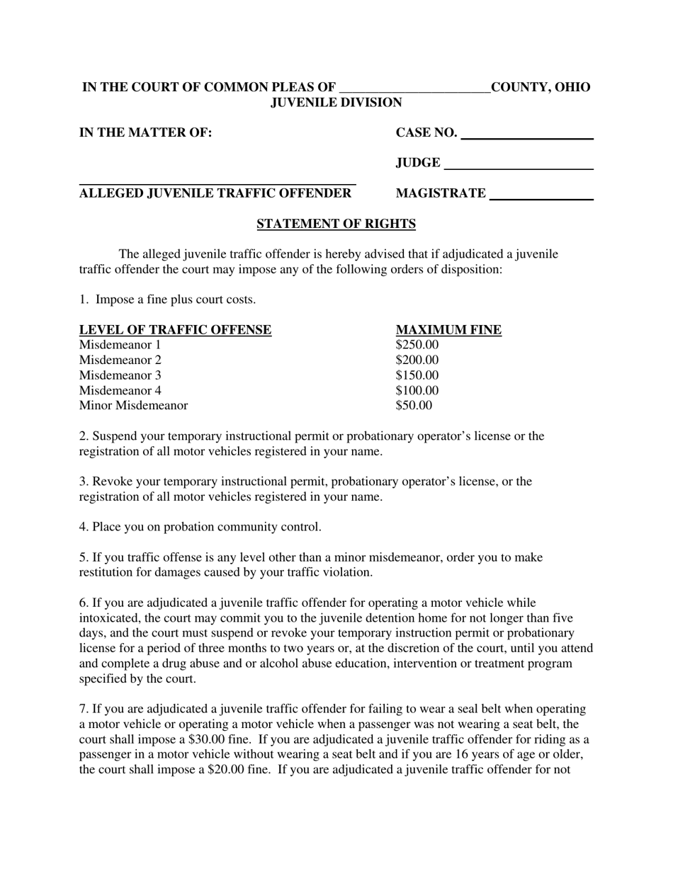 Statement of Rights - Alleged Delinquent Child - Ohio, Page 1