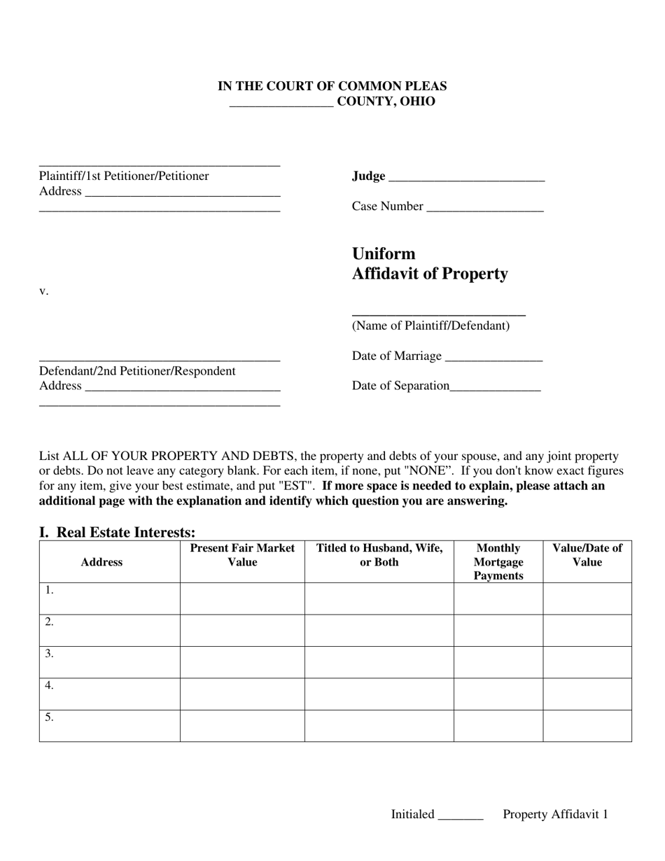 Uniform Affidavit of Property - Ohio, Page 1