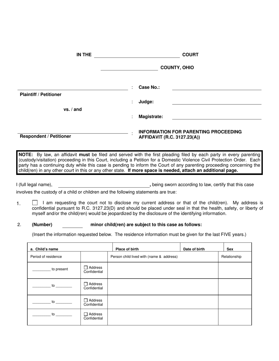 Information for Parenting Proceeding Affidavit (R.c. 3127.23(A)) - Ohio, Page 1