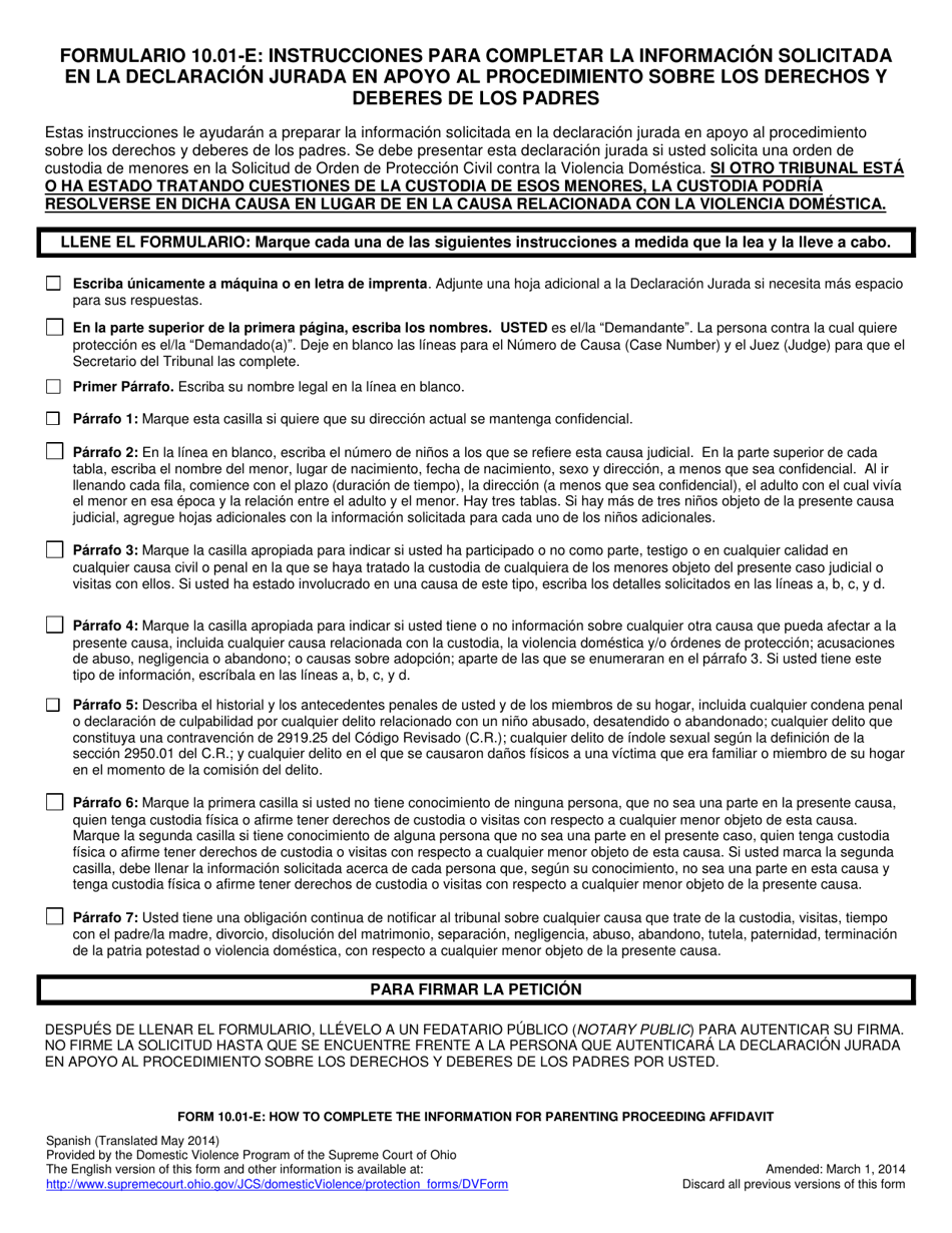 Instrucciones para Formulario 10.01-F Informacion Sobre Declaraci n Jurada De Procedimiento De Familia (R.c. 3127.23(A)) - Ohio (Spanish), Page 1