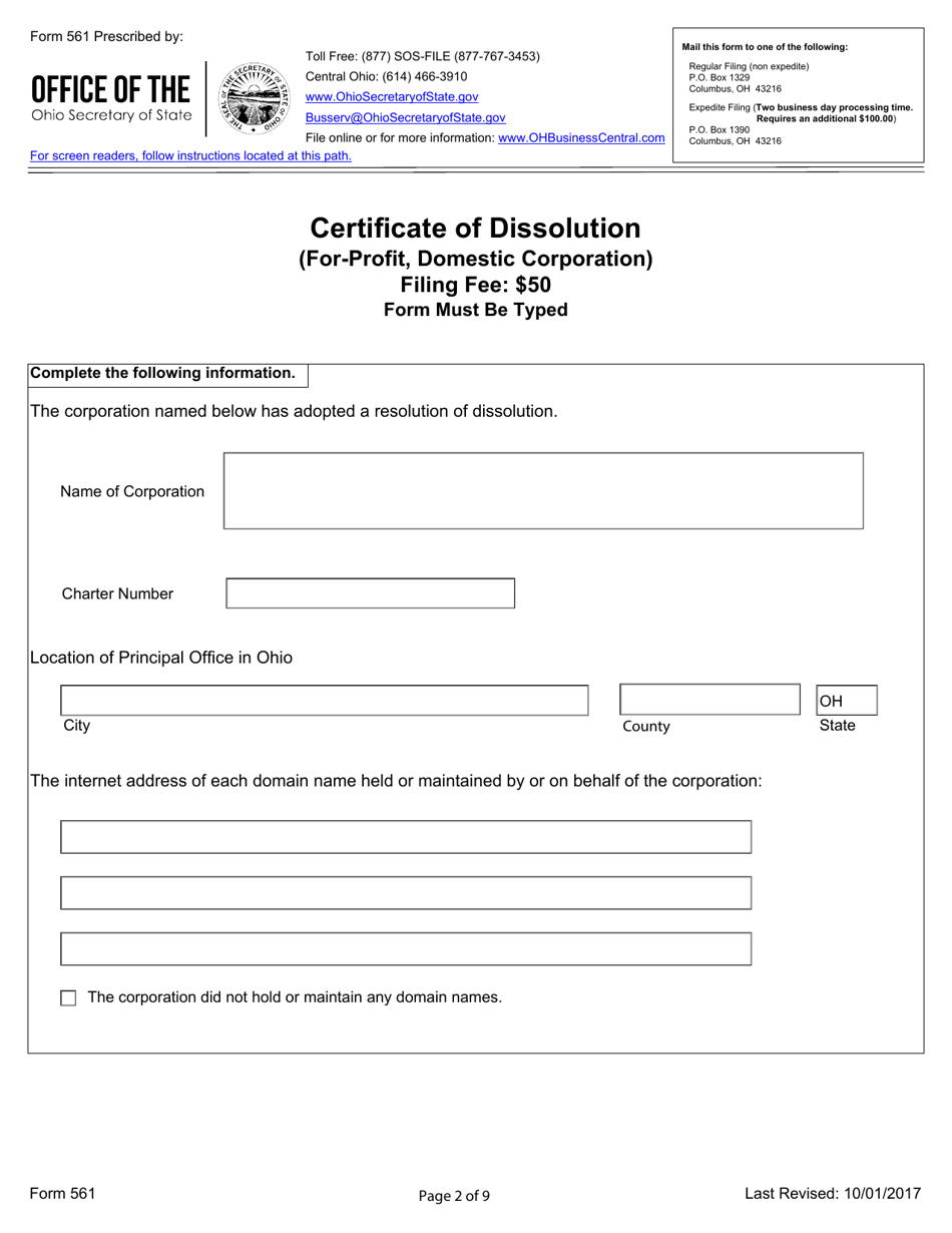 Form 561 Certificate of Dissolution (For-Profit, Domestic Corporation) - Ohio, Page 2