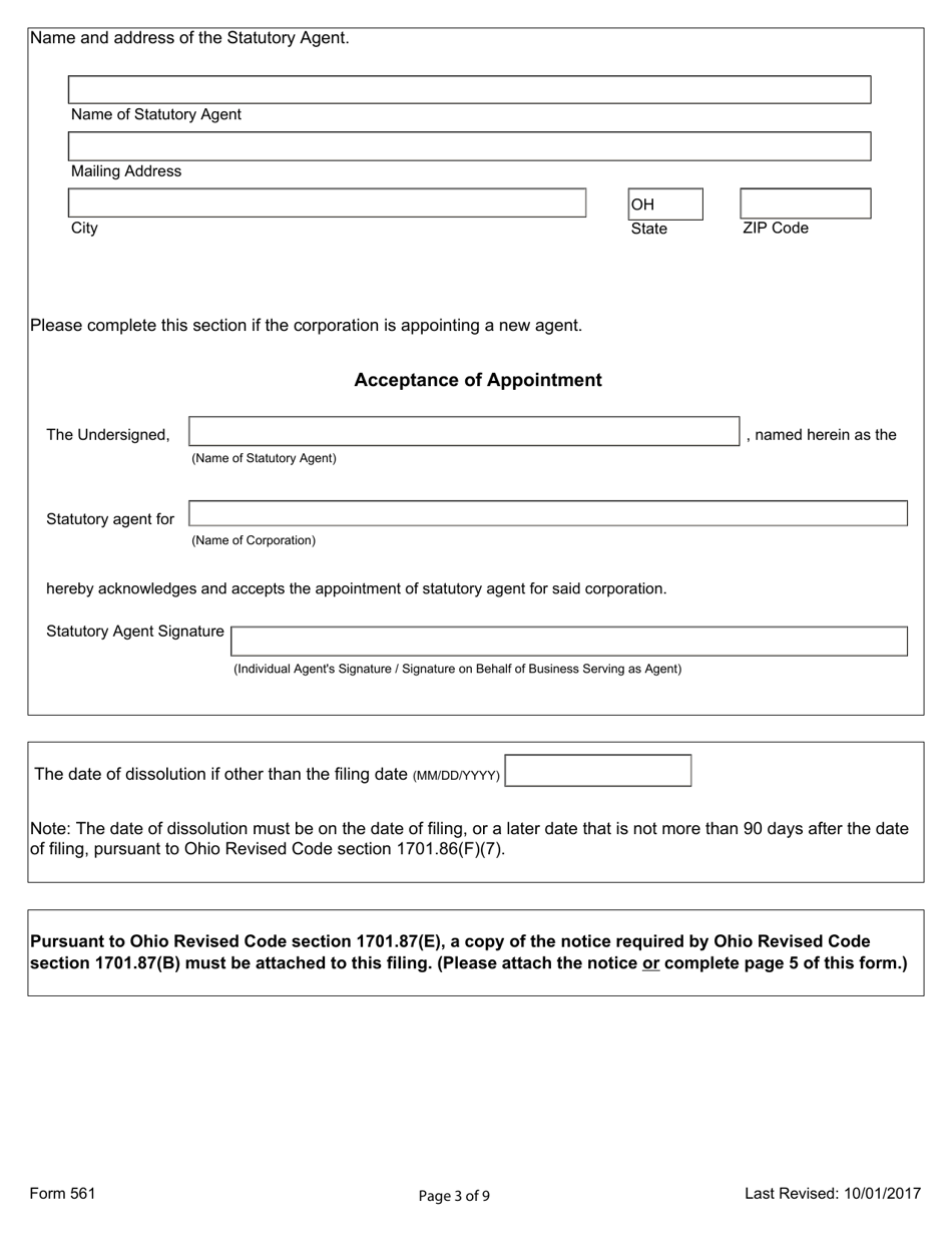 Form 561 Certificate of Dissolution (For-Profit, Domestic Corporation) - Ohio, Page 3