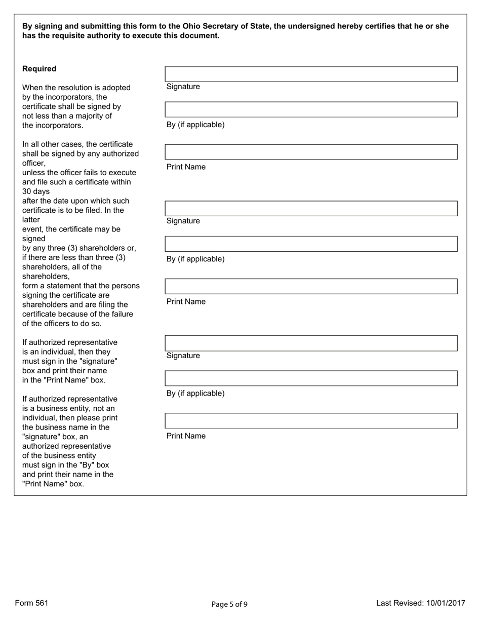 Form 561 Certificate of Dissolution (For-Profit, Domestic Corporation) - Ohio, Page 5