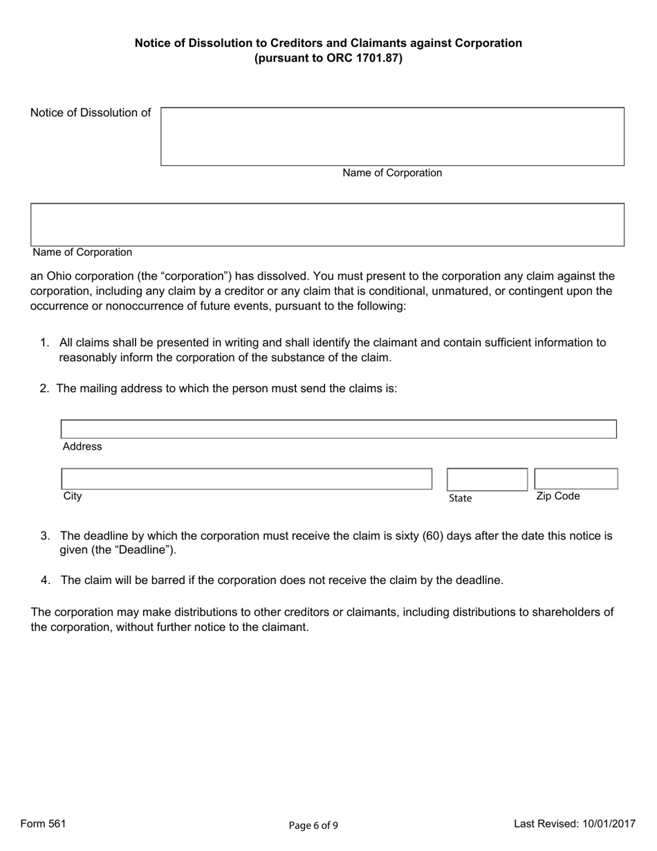 Form 561 Certificate of Dissolution (For-Profit, Domestic Corporation) - Ohio, Page 6