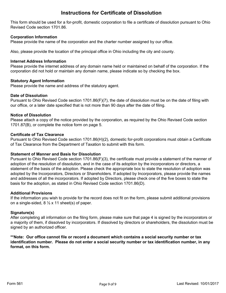 Form 561 Certificate of Dissolution (For-Profit, Domestic Corporation) - Ohio, Page 9