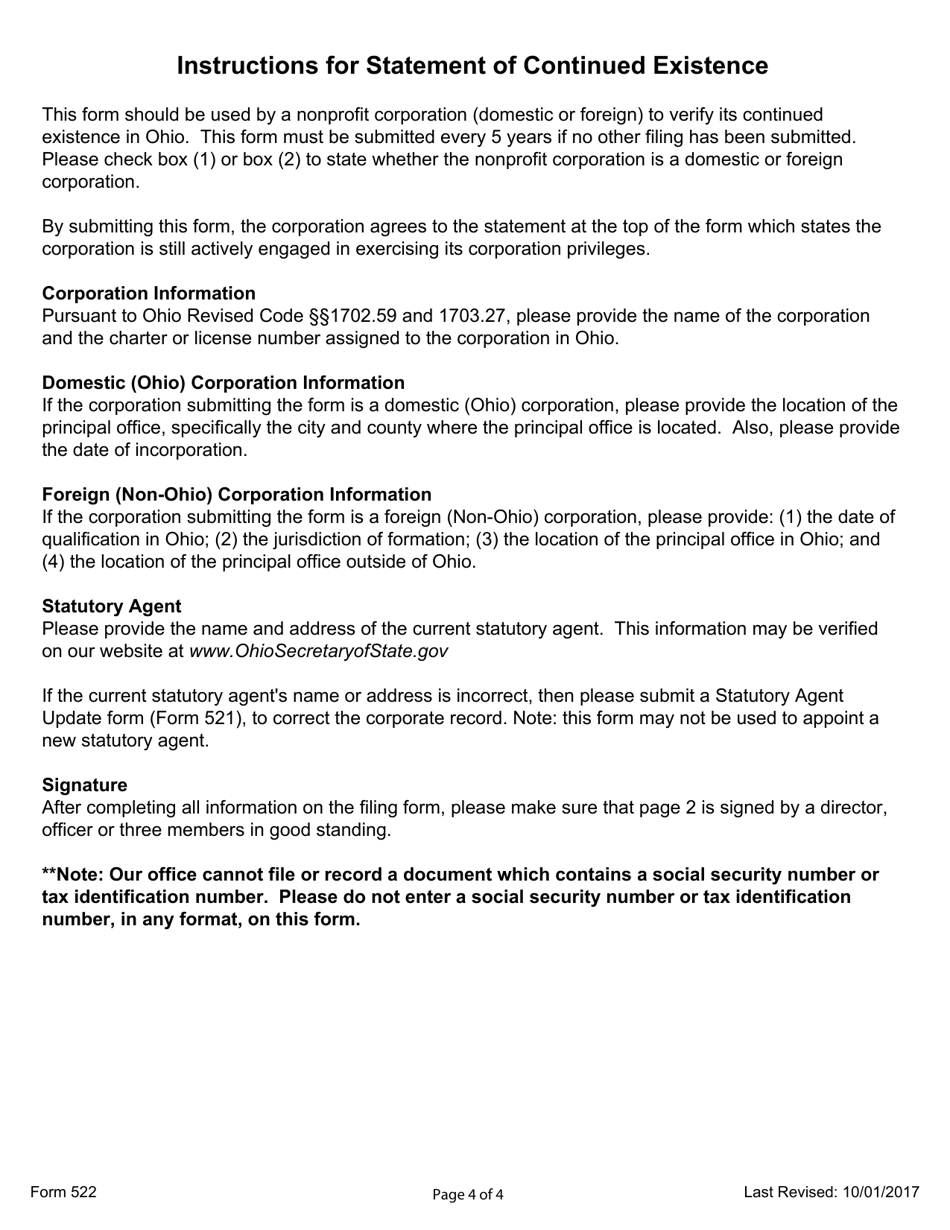 Form 522 Statement of Continued Existence - Ohio, Page 4