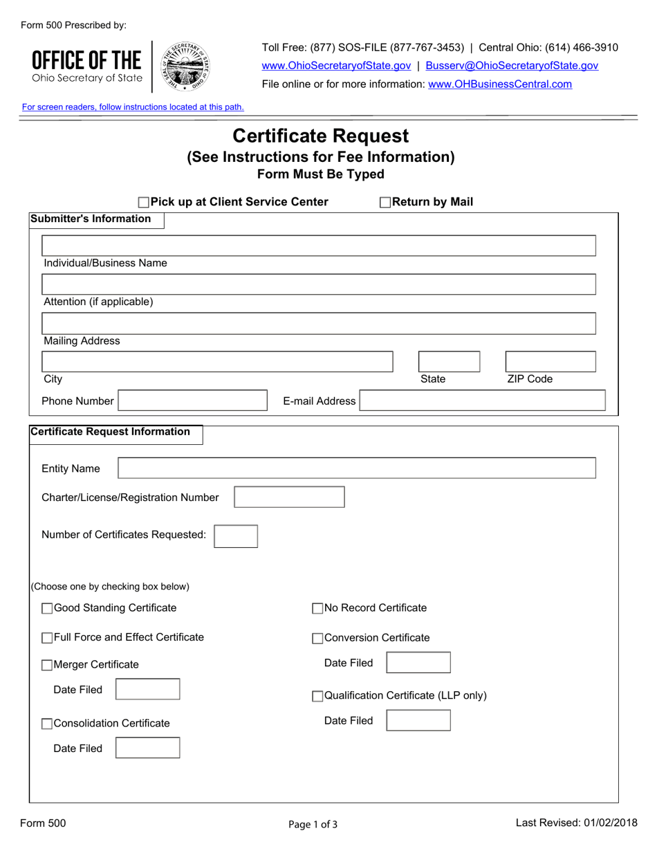 Form 500 Certificate Request - Ohio, Page 1