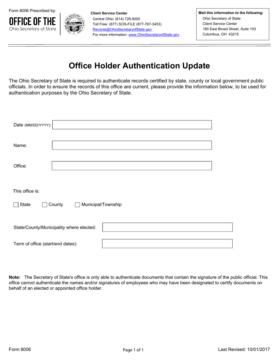 Form 8006 Office Holder Authentication Update - Ohio, Page 1