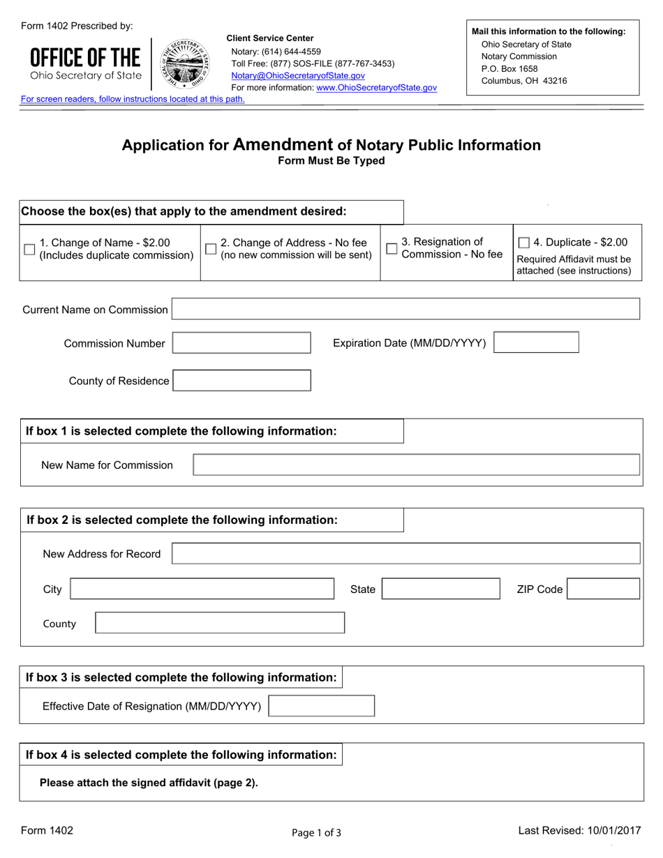 Form 1402 Application for Amendment of Notary Public Information - Ohio, Page 1