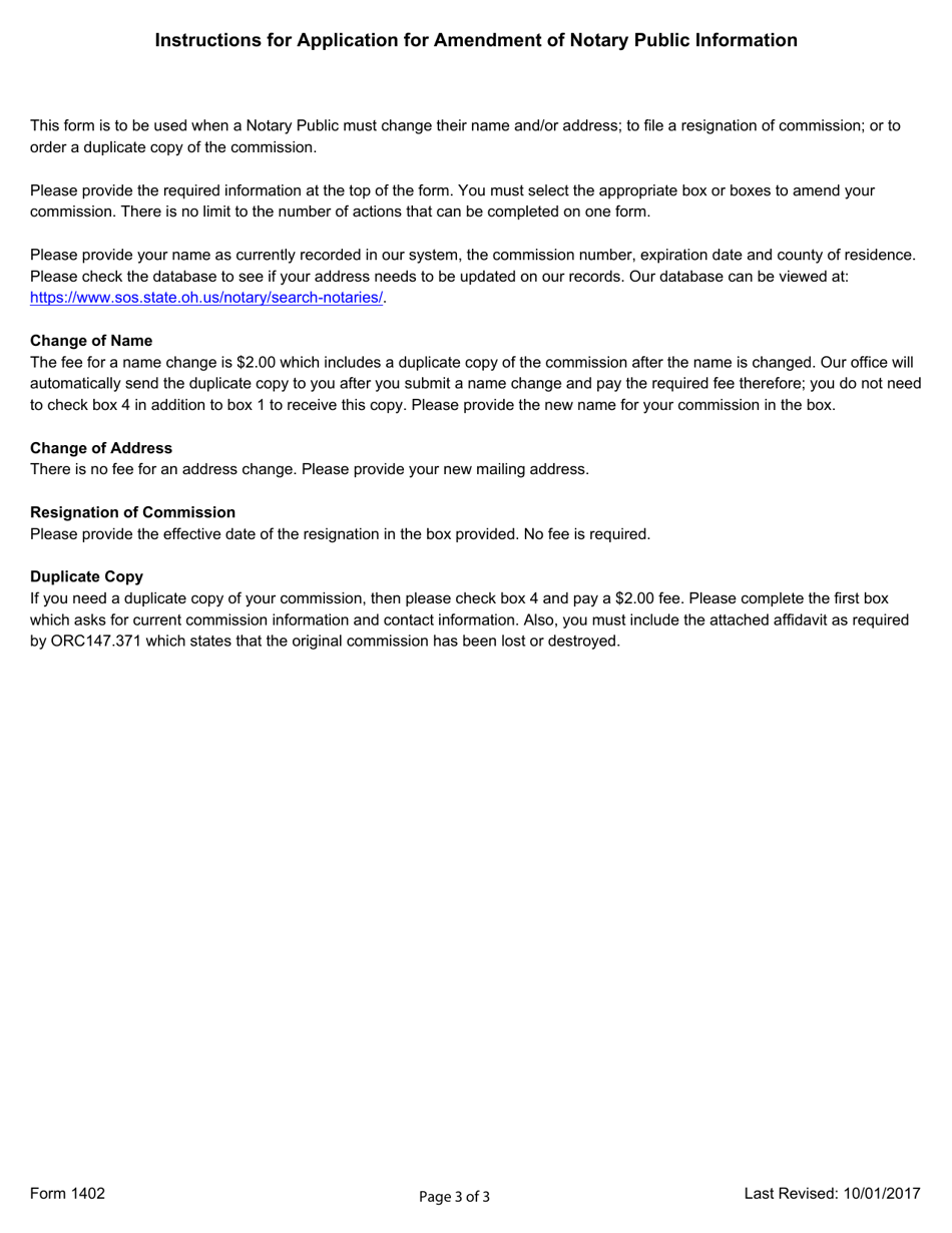 Form 1402 Application for Amendment of Notary Public Information - Ohio, Page 3