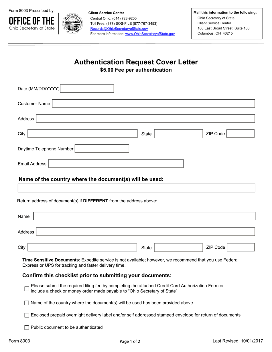 Form 8003 Authentication Request Cover Letter - Ohio, Page 1