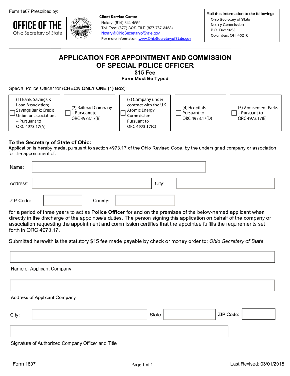 Form 1607 Application for Appointment and Commission of Special Police Officer - Ohio, Page 1