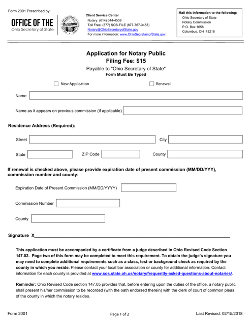 Form 2001 Application for Notary Public - Ohio