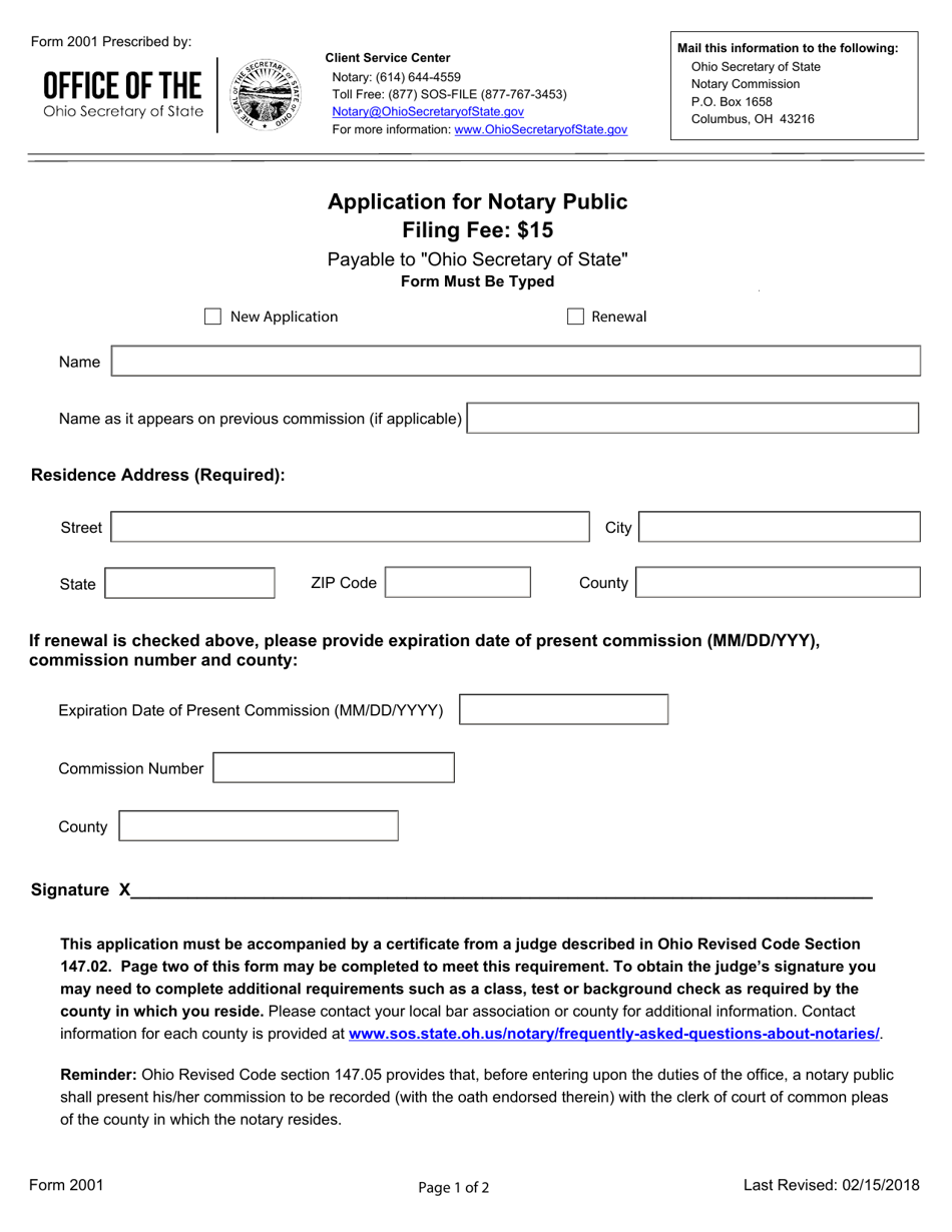 Form 2001 Application for Notary Public - Ohio, Page 1