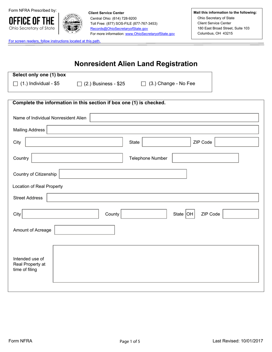 Form NFRA Nonresident Alien Land Registration - Ohio, Page 1
