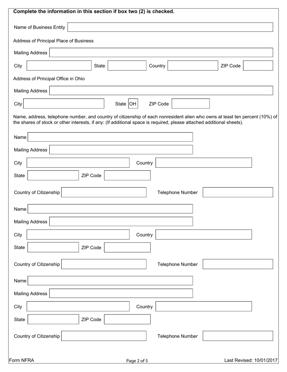 Form NFRA Nonresident Alien Land Registration - Ohio, Page 2