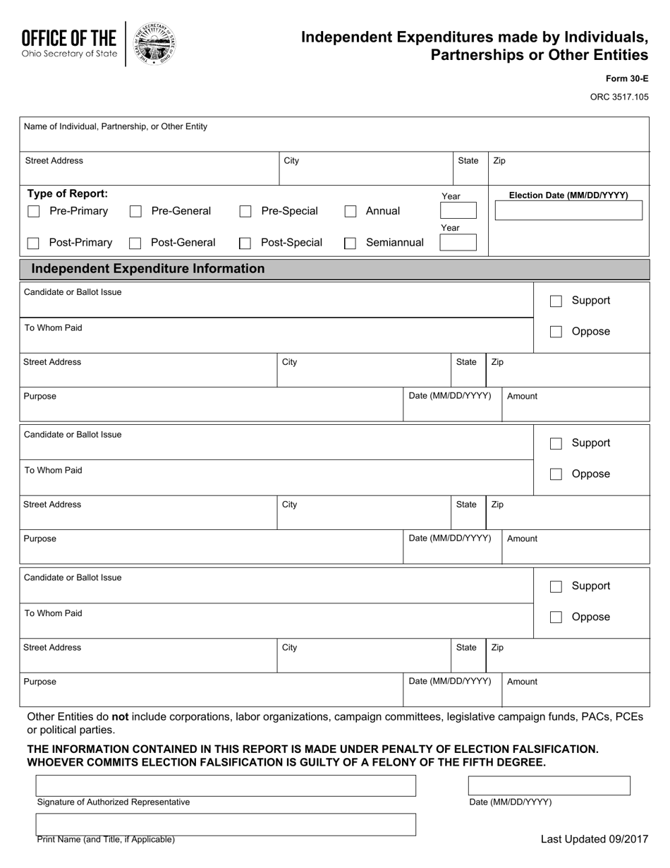 Form 30-E Independent Expenditures Made by Individuals, Partnerships or Other Entities - Ohio, Page 1