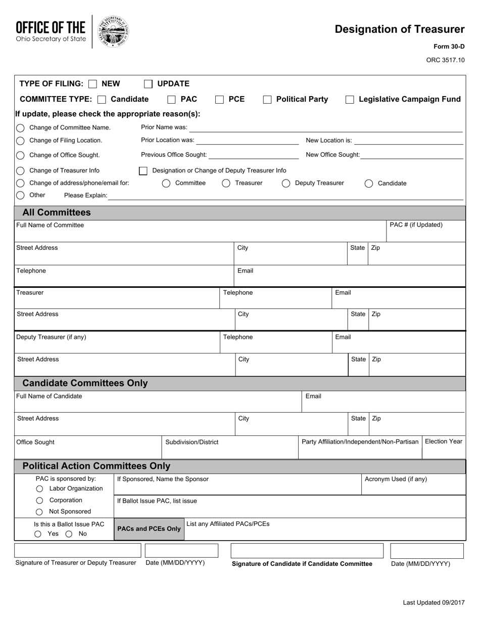 Form 30-D Designation of Treasurer - Ohio, Page 1