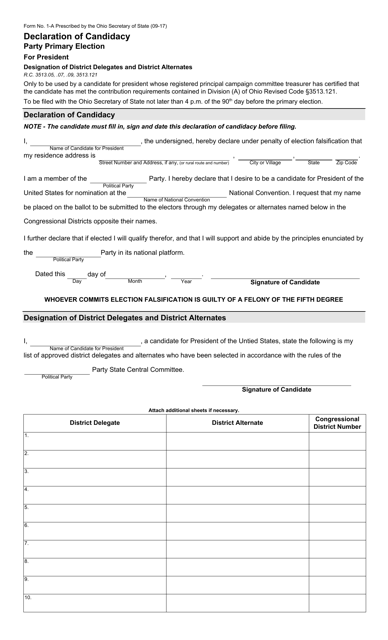 Form 1-A Declaration of Candidacy - Party Primary Election for President Designation of District Delegates and District Alternates - Ohio