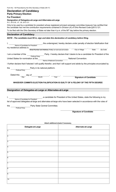 Form 1-B Declaration of Candidacy - Party Primary Election for President Designation of Delegates-At-Large and Alternates-At-Large - Ohio