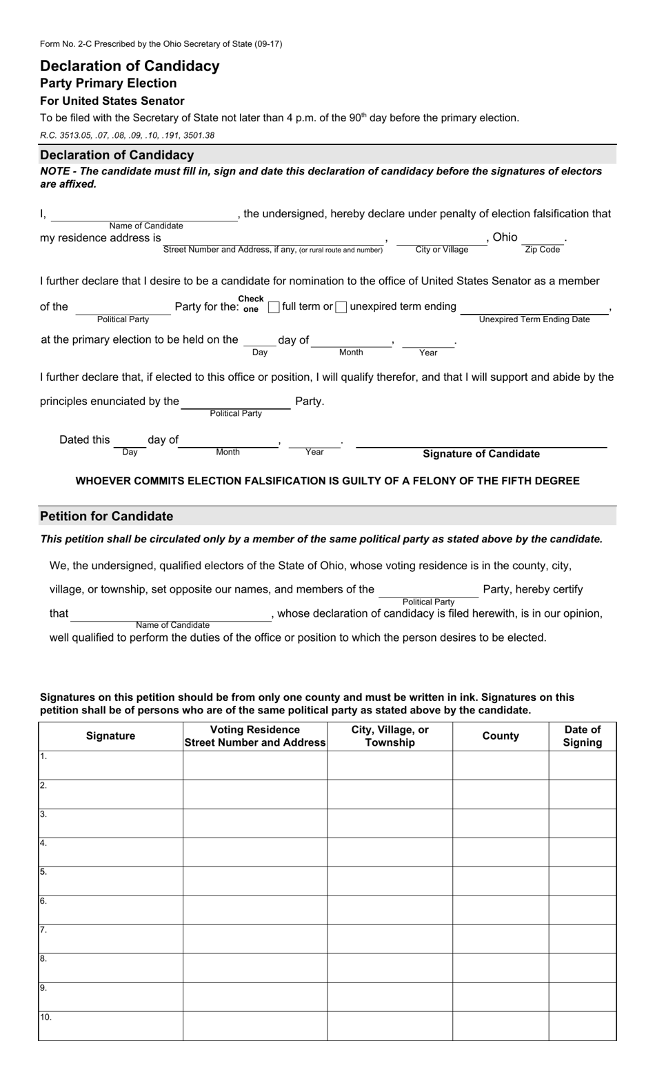 Form 2-C Declaration of Candidacy - Party Primary Election for United States Senator - Ohio, Page 1
