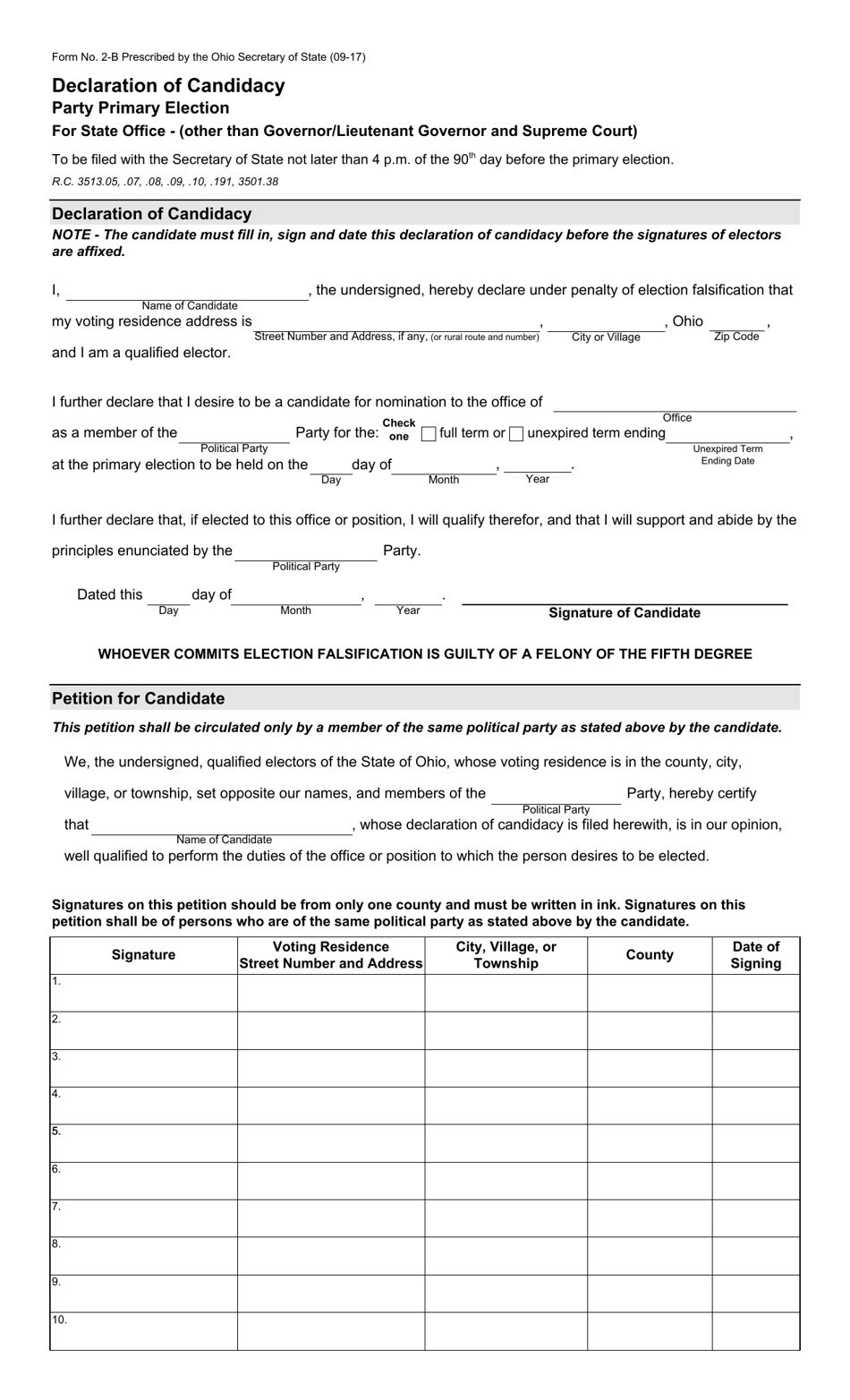 Form 2-B Declaration of Candidacy - Party Primary Election for State Office (Other Than Governor/Lieutenant Governor and Supreme Court) - Ohio, Page 1