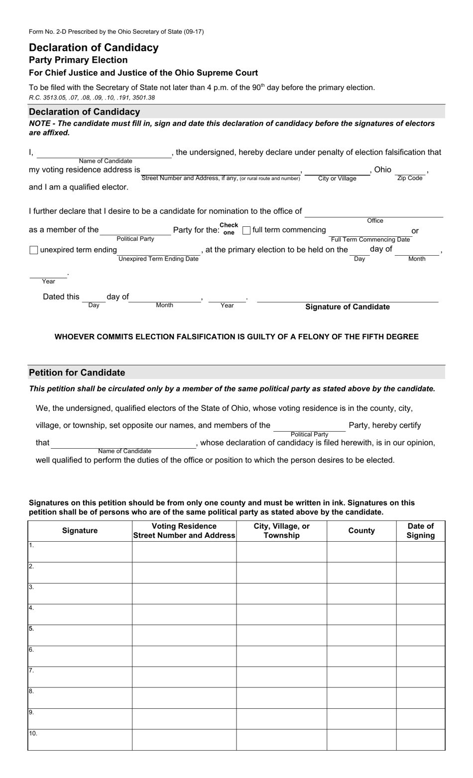 Form 2-D Declaration of Candidacy - Party Primary Election for Chief Justice and Justice of the Ohio Supreme Court - Ohio, Page 1