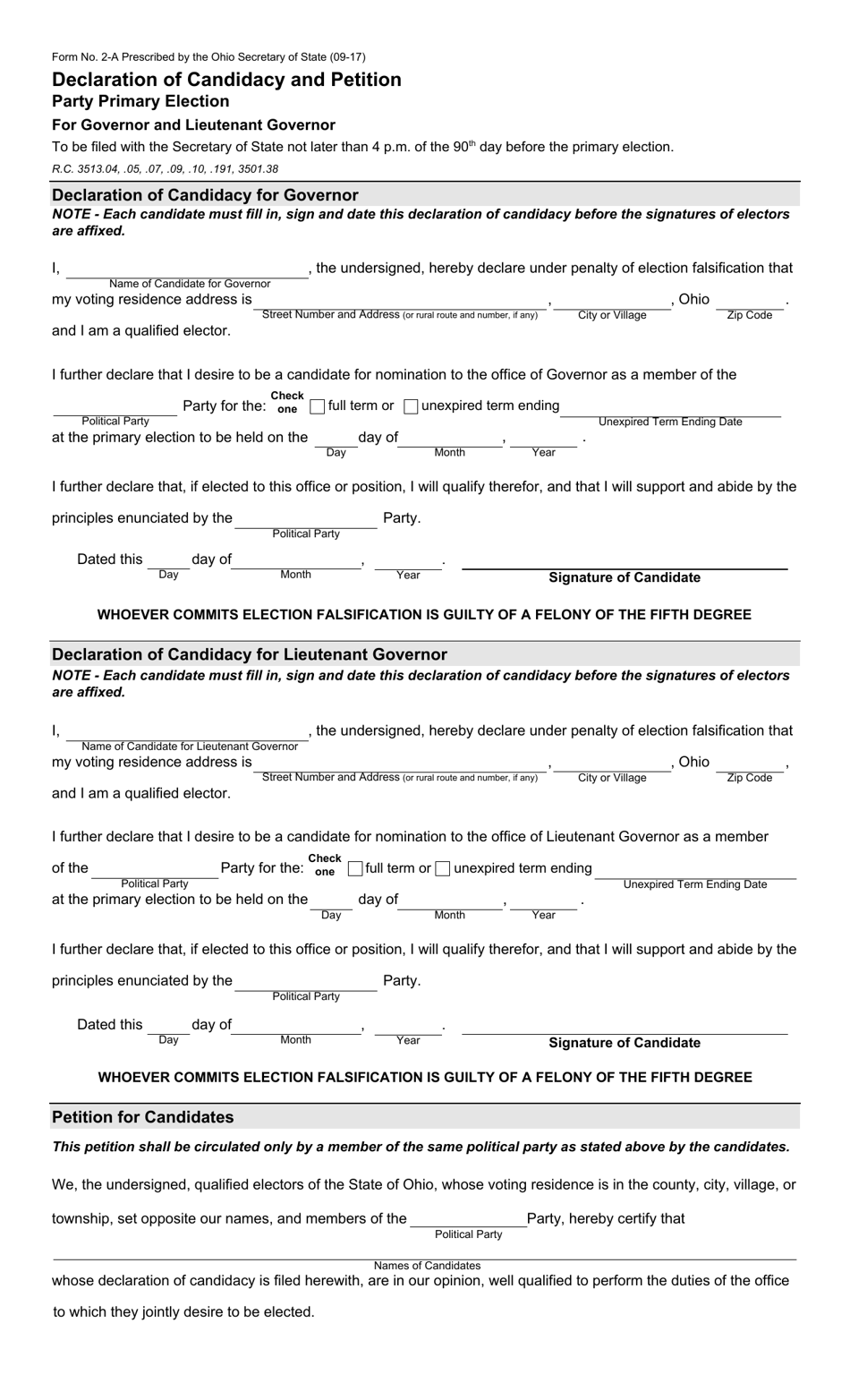 Form 2-A Declaration of Candidacy and Petition - Party Primary Election for Governor and Lieutenant Governor - Ohio, Page 1