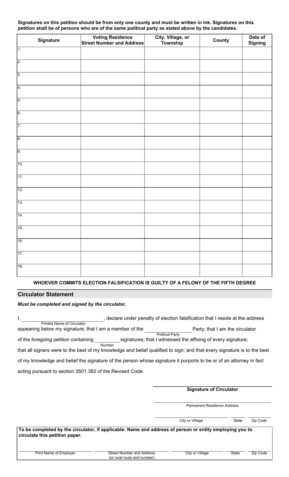 Form 2-A Declaration of Candidacy and Petition - Party Primary Election for Governor and Lieutenant Governor - Ohio, Page 2